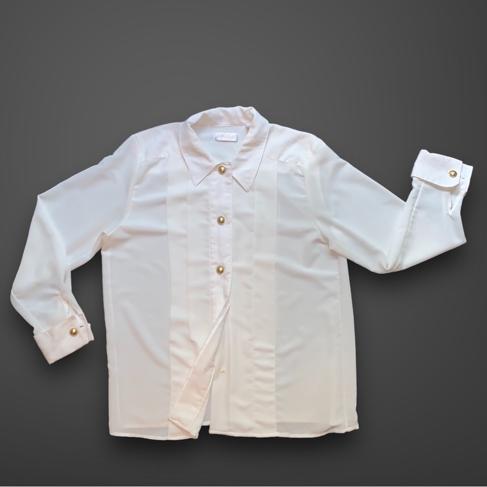 v i n t a g e :: Elegant Pleated Pinstripe Cufflink Satin Blouse - Picture 7 of 13